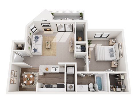 Floor plan for 1 bed, 1 bath, 764 sqft